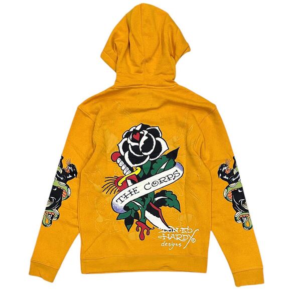Ed Hardy Men's Hoodie Panther Snake Fleece Pullover Sweatshirt in Marigold - Picture 3 of 3